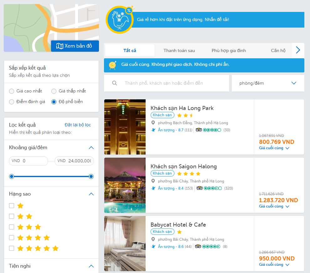 Danh sách khách sạn hiện ra cùng các thông tin về địa chỉ, đánh giá và giá thành